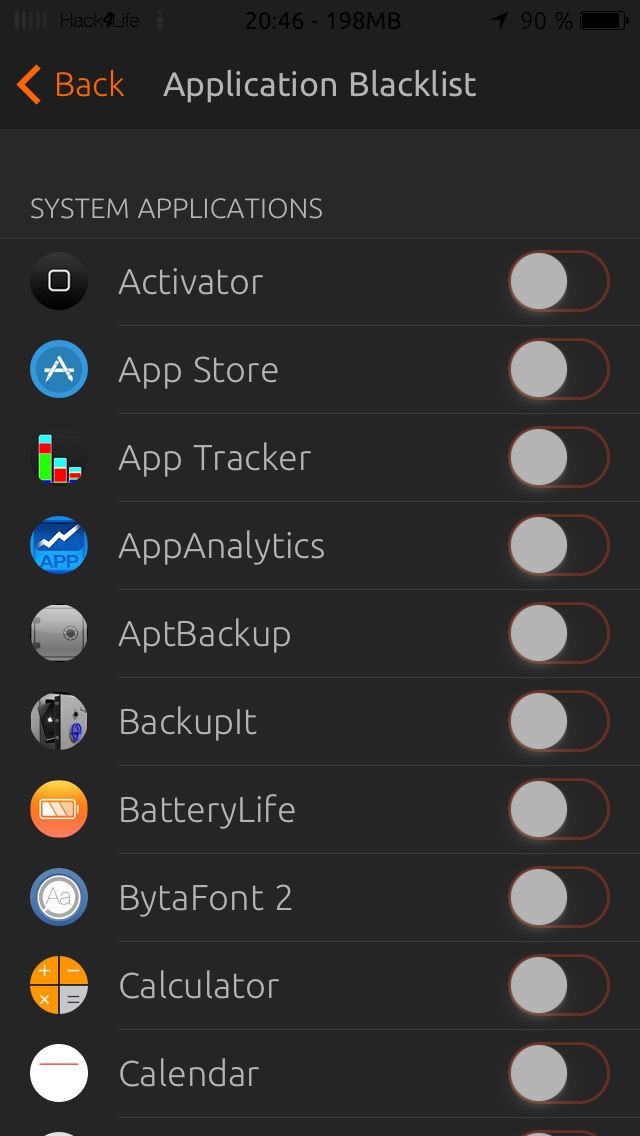 Black List in den Einstellungen von Eclipse, Hack4Life, App, Cydia, Tweak, Fabian Geissler