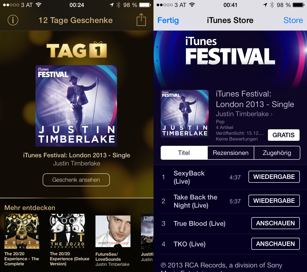 Kostenloses Album von Justin Timberlake in der iTunes 12 Tage Geschenke App, Hack4Life, Fabian Geissler
