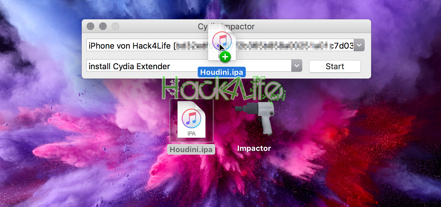 Houdini.ipa in Cydia Impactor ziehen, Hack4Life, Jailbreak iOS 10.x-10.3.2, Anleitung, Fabian Geissler
