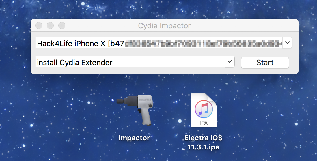 iPhone X mit Cydia Impactor verbunden für iOS 11.3.1 Electra Jailbreak