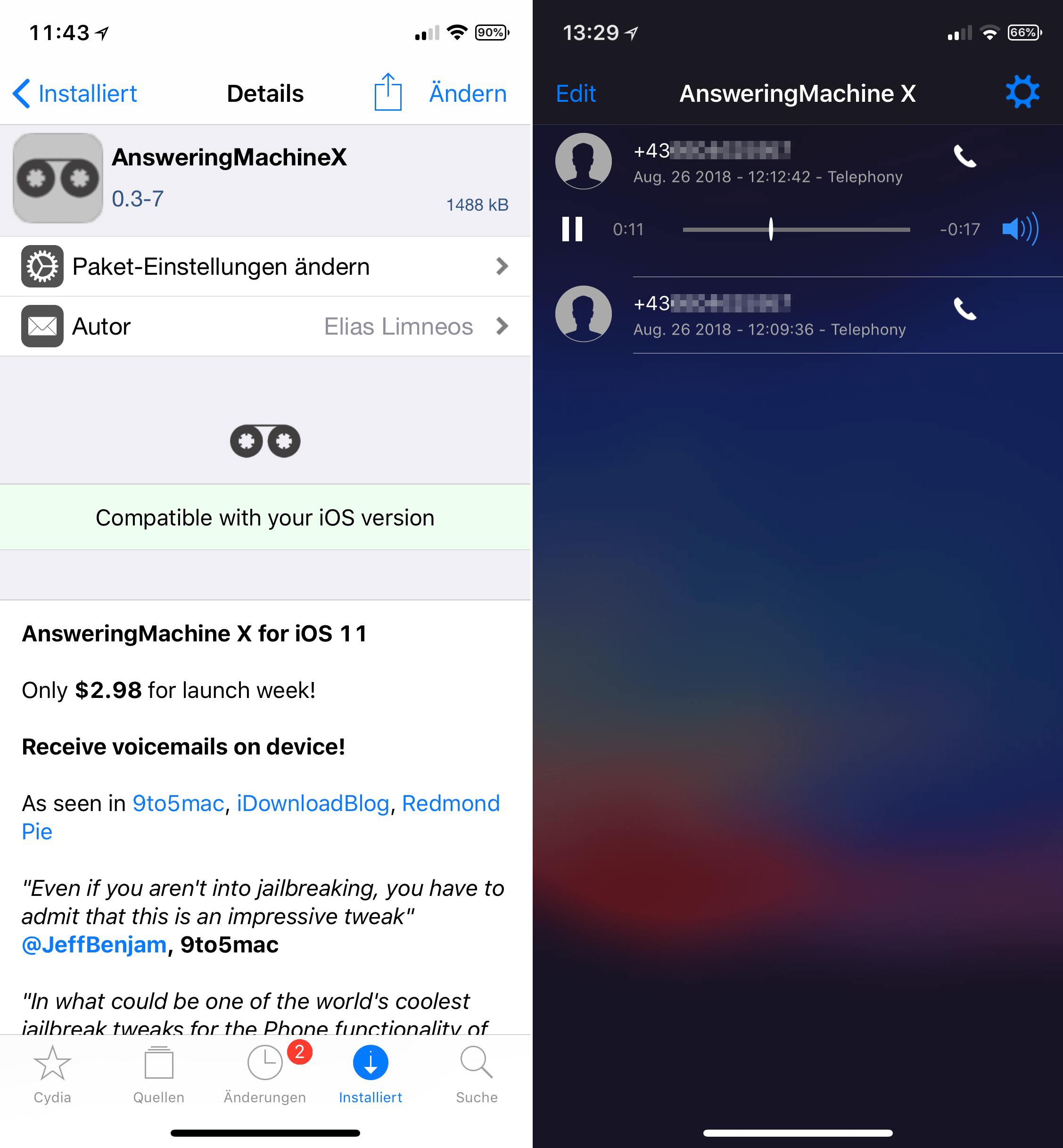 Der beste Voicemail Ersatz den es gibt, AnsweringMachineX, Elias Limneos, limneos, Top, Cydia, Tweak, Repo, Free, kostenlos, Download, Anleitung, Hilfe, Hack4Life, Fabian Geissler, Voicemail, Ersatz, iOS 11, iOS 11.3.1