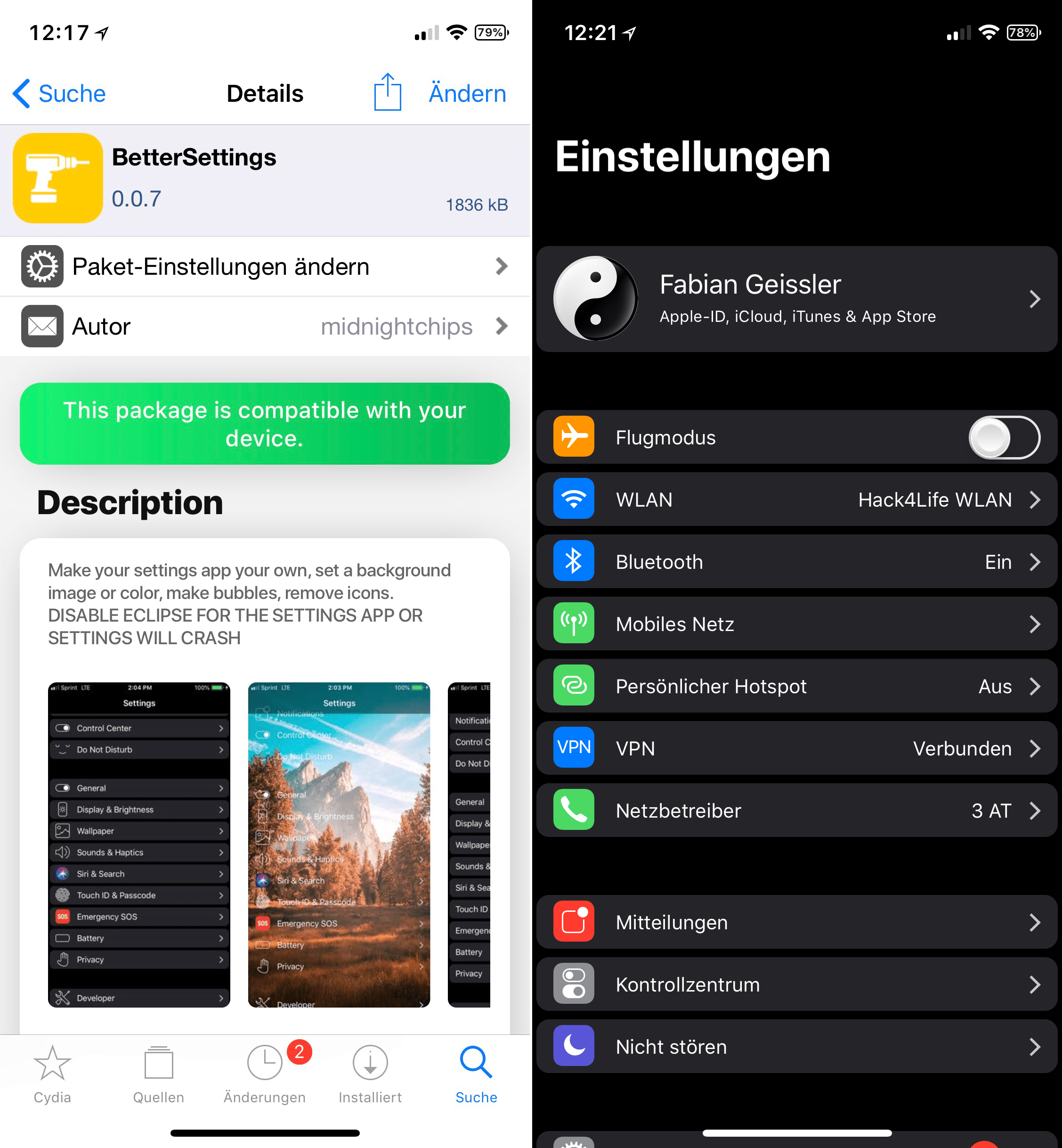 New look for the settings, BetterSettings, iOS 11, Top, Cydia, Tweak, Review, Guide, free, download, Hack4Life, Fabian Geissler, Background image for the settings