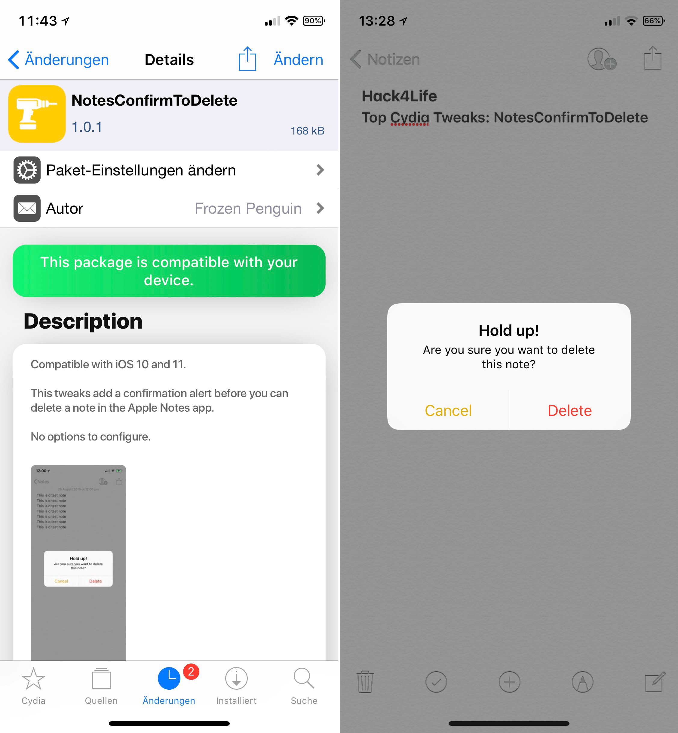 Kein unabsichtliches Löschen von Notizen mehr, NotesConfirmToDelete, Top, Cydia, Tweak, Packix, Repo, Free, kostenlos, hack, Download, Hack4Life, Fabian Geissler, iOS 11