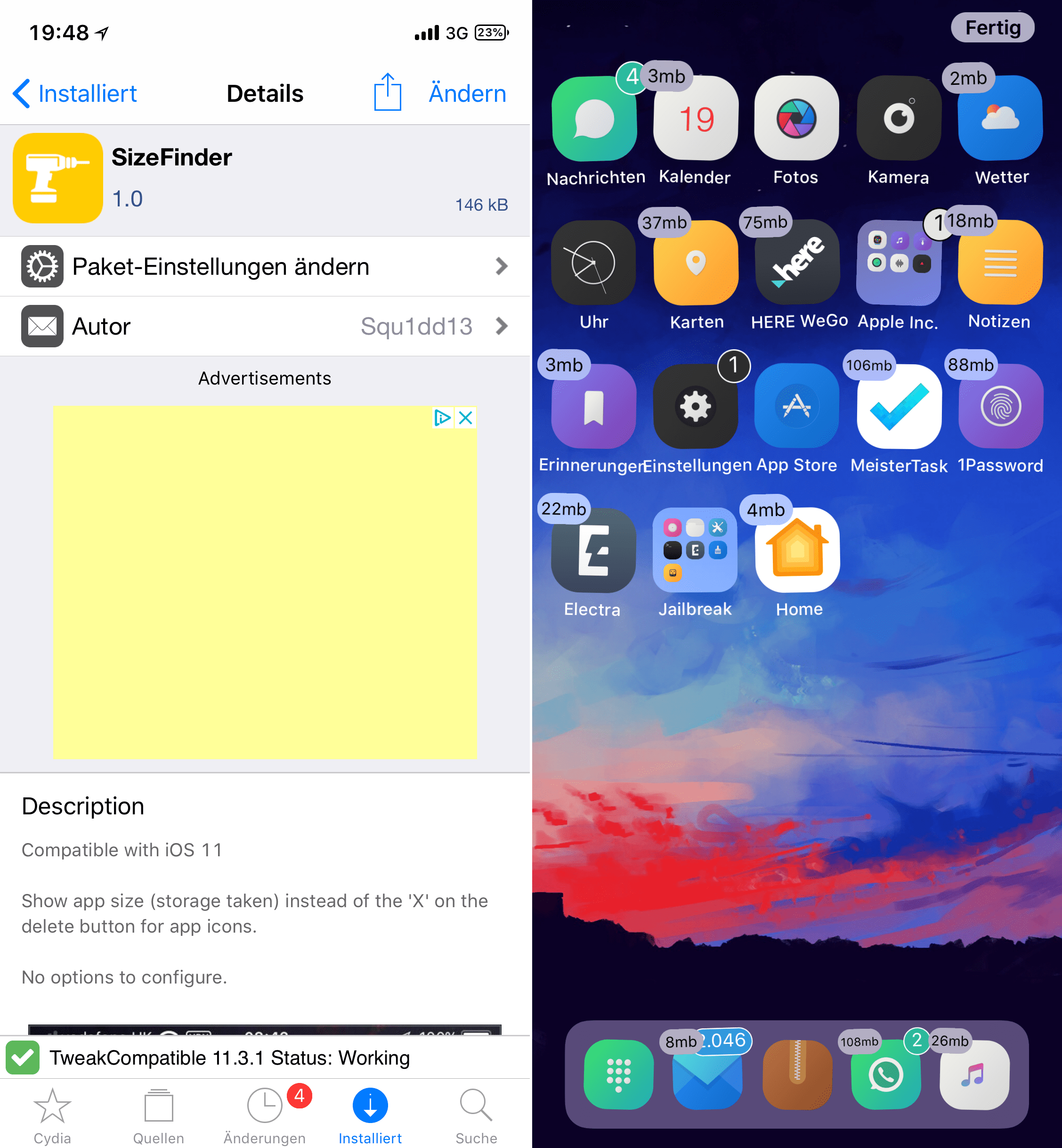 Belegten Speicherplatz pro App schnell anzeigen, Sizefinder, Top, Cydia, Tweaks, iOS 11, Trick, Hack, free, kostenlos, Hack4Life, Fabian Geissler, seriös, kompetent