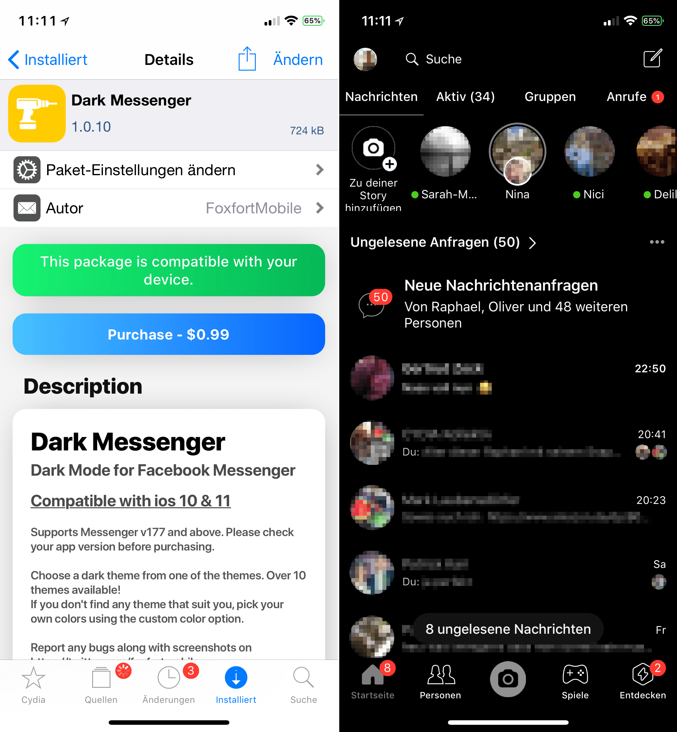 Use Facebook Massenger with darkmode, Dark Messenger, Cydia, Sileo, Tweak, Download, free, hack, crack, easy, Darkmode, iOS 11, Hack4Life, Fabian Geissler, Repo, alternative download, packix