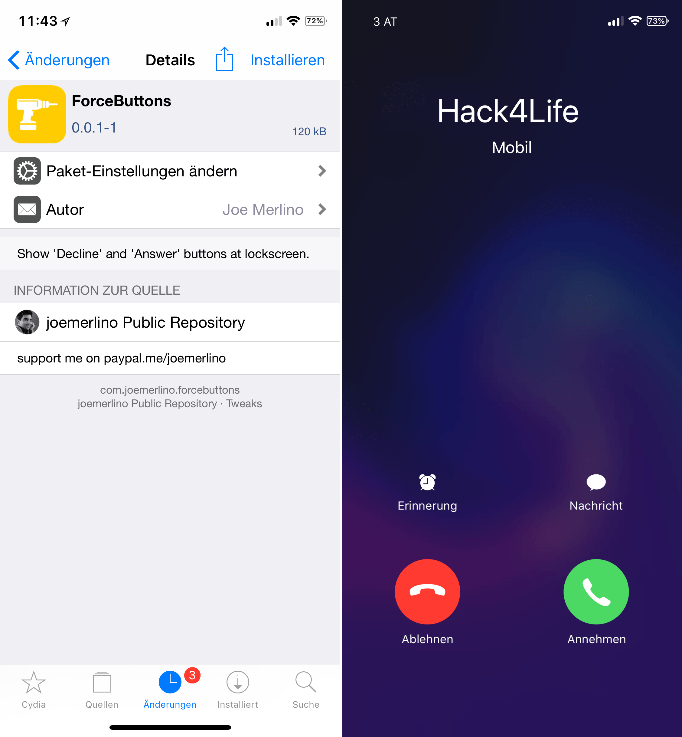 Annehmen und Ablehnen von Anrufen im Sperrbildschirm, ForceButtons, Cydia, Sileo, Tweak, Trick, Hack, kostenlos, free, download, review, repo, quelle, Hack4Life, Fabian Geissler
