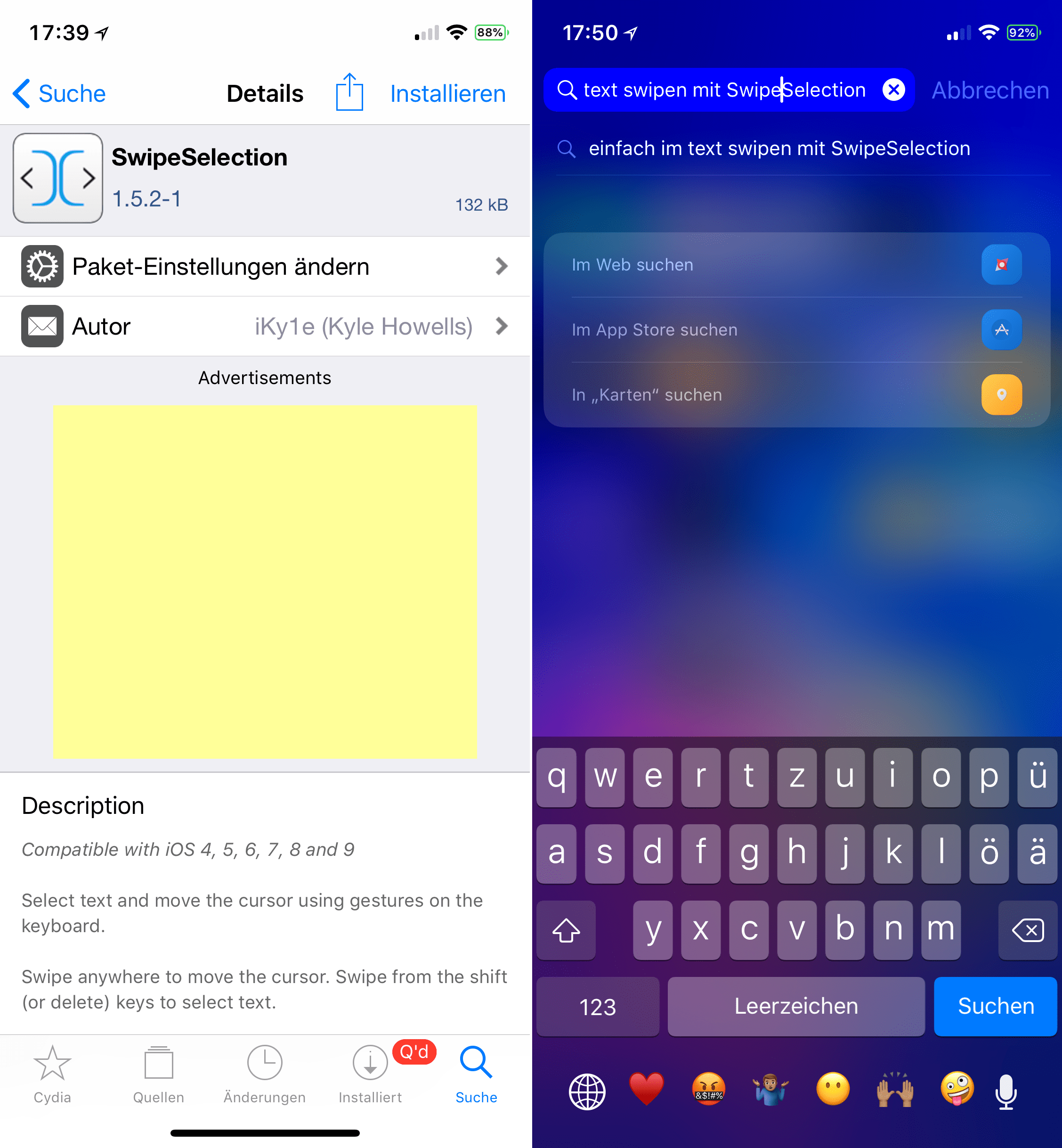 Zwischen Buchstaben wechseln, SwipeSelection, iOS 11, Top, Cydia, Tweak, Sileo, Anleitung, Hilfe, Konfiguration, Hack4Life, Fabian Geissler, Download, kostenlos, .deb, Repo