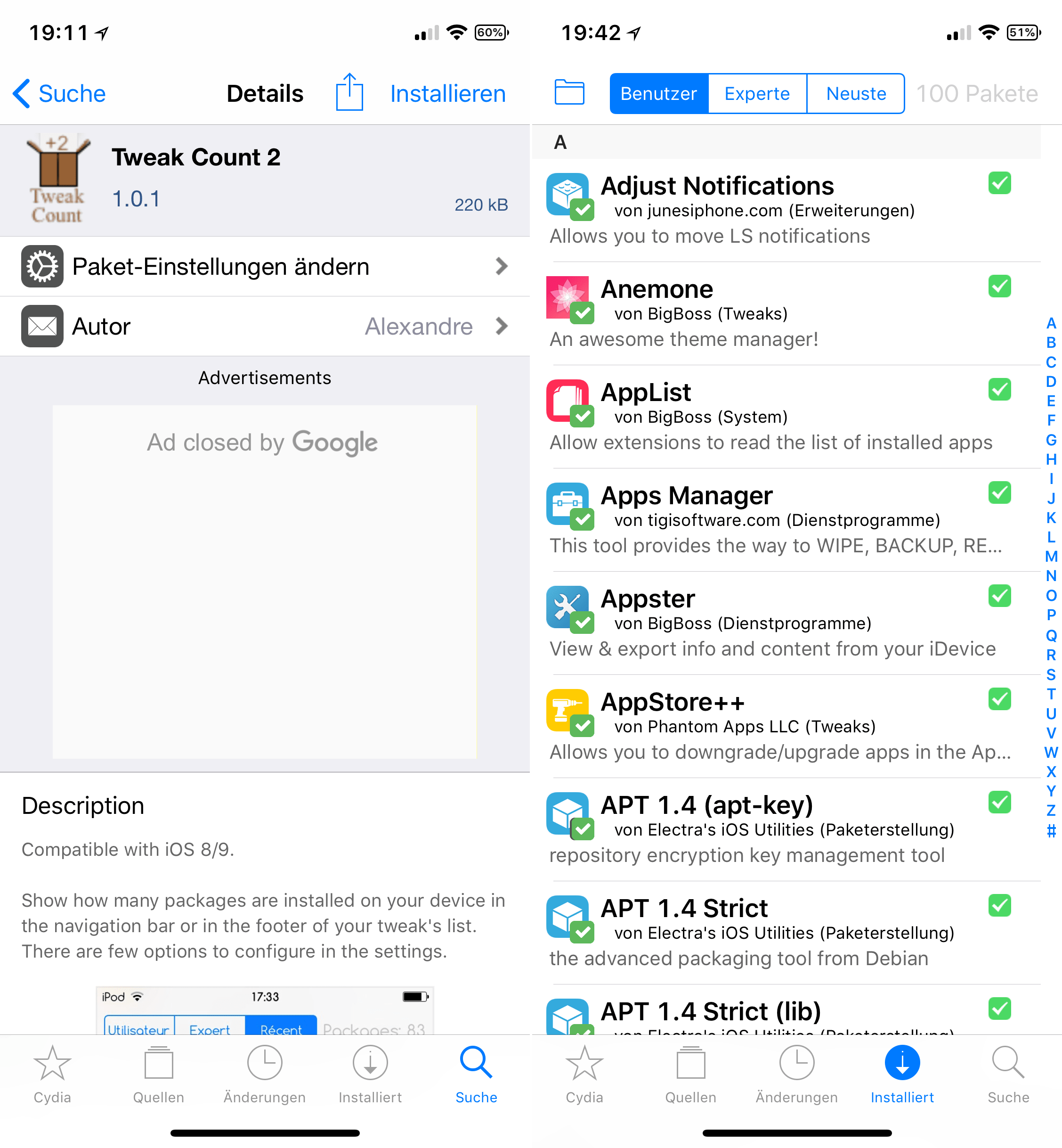 Count installed packages in Cydia, Tweak Count 2, Top, Cydia, Tweak, Sileo, free, download, deb, instruction, Hilfe, Hack4Life, Fabian Geissler, review, help