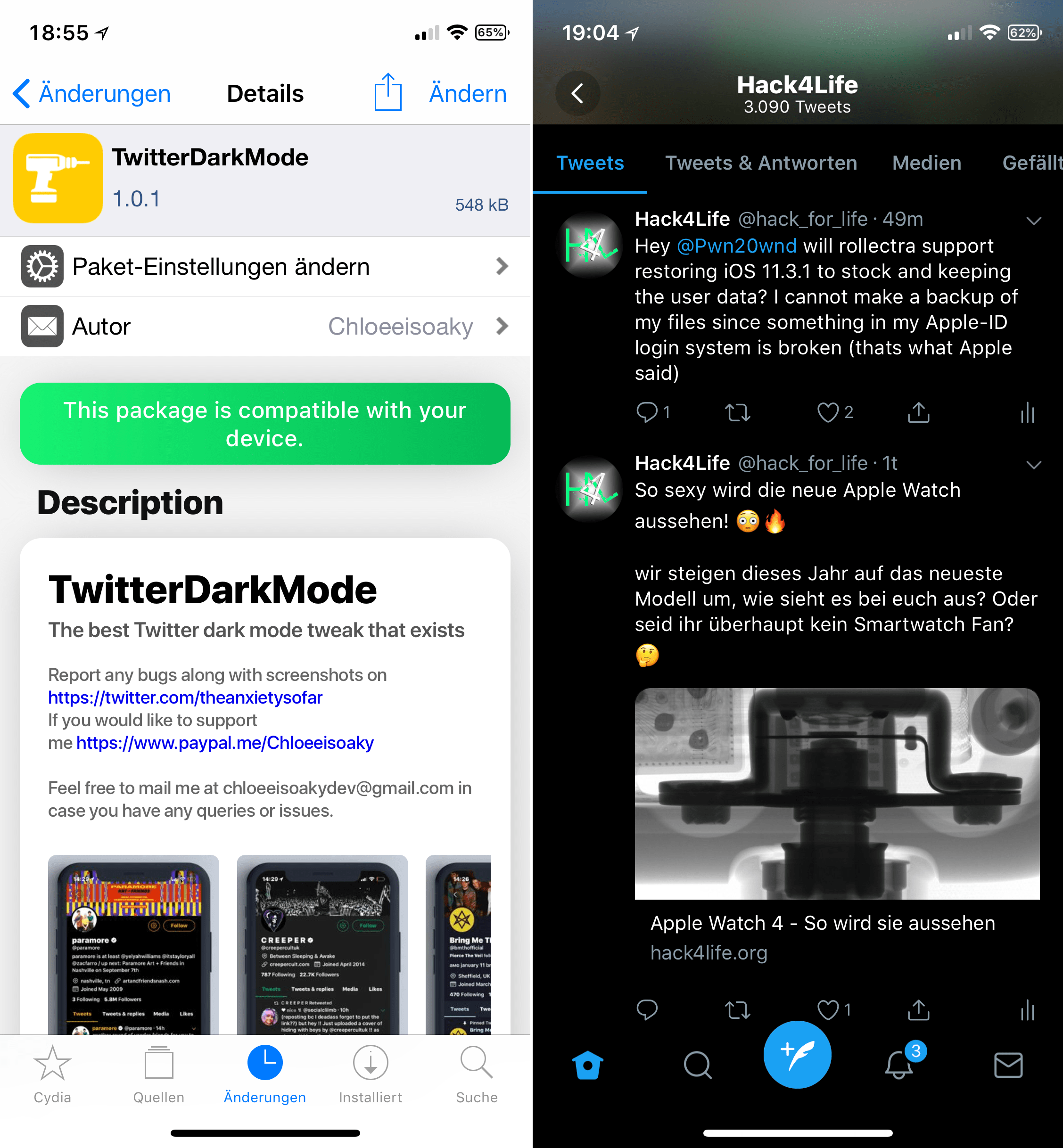 Use Twitter.app with a real nightmode, Twitter, black, Dark Mode, Hack4Life, TwitterDarkMode, Top, Cydia, Tweak, Sileo, Download, Repo, free, hack, Hack4Life, Fabian Geissler