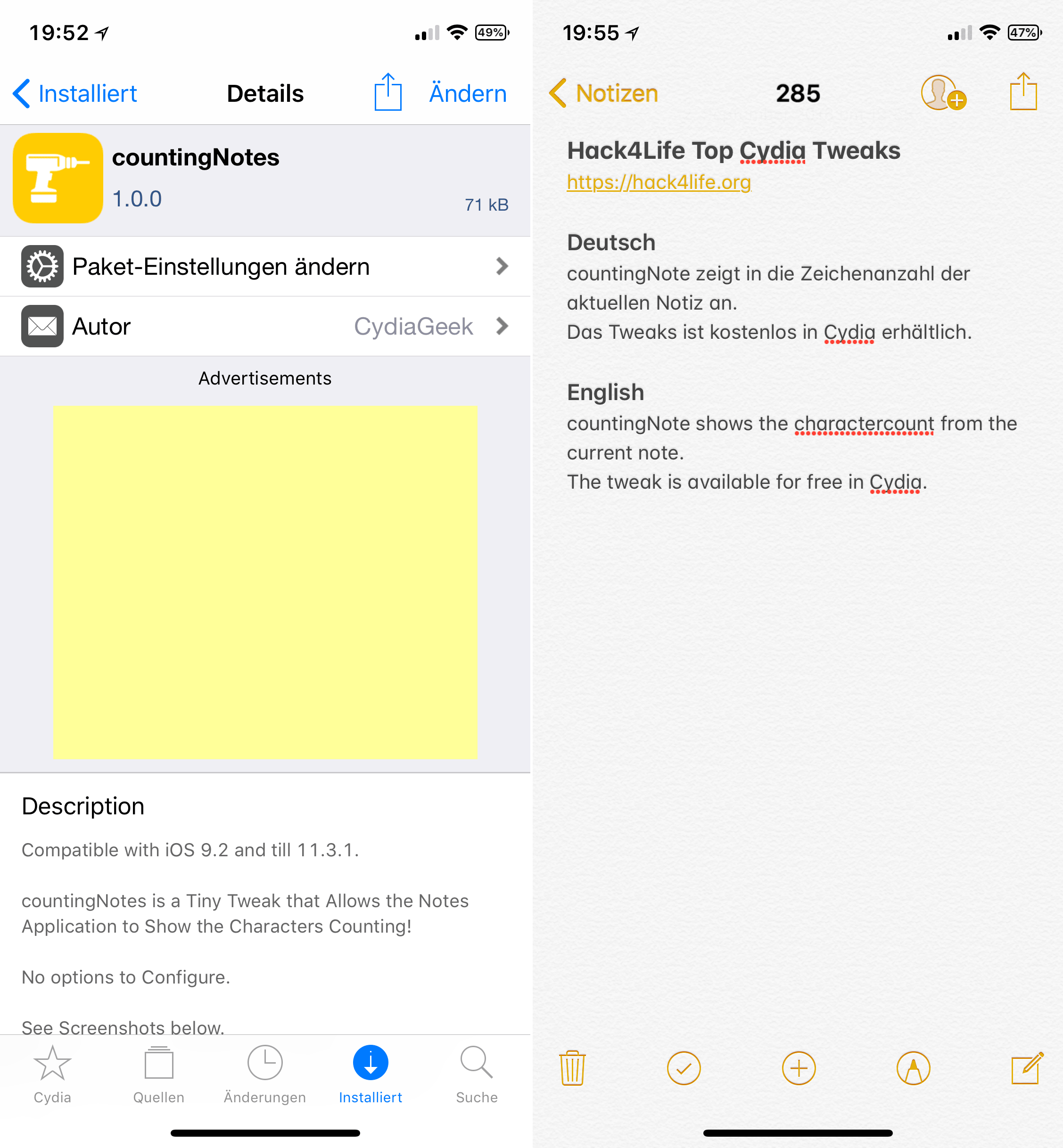 Show character count in Notes.app, countingNotes, Top, Cydia, Tweak, Sileo, Download, free, deb, BigBoss, Repo, Hack4Life, Fabian Geissler, hack, review, instruction, bug
