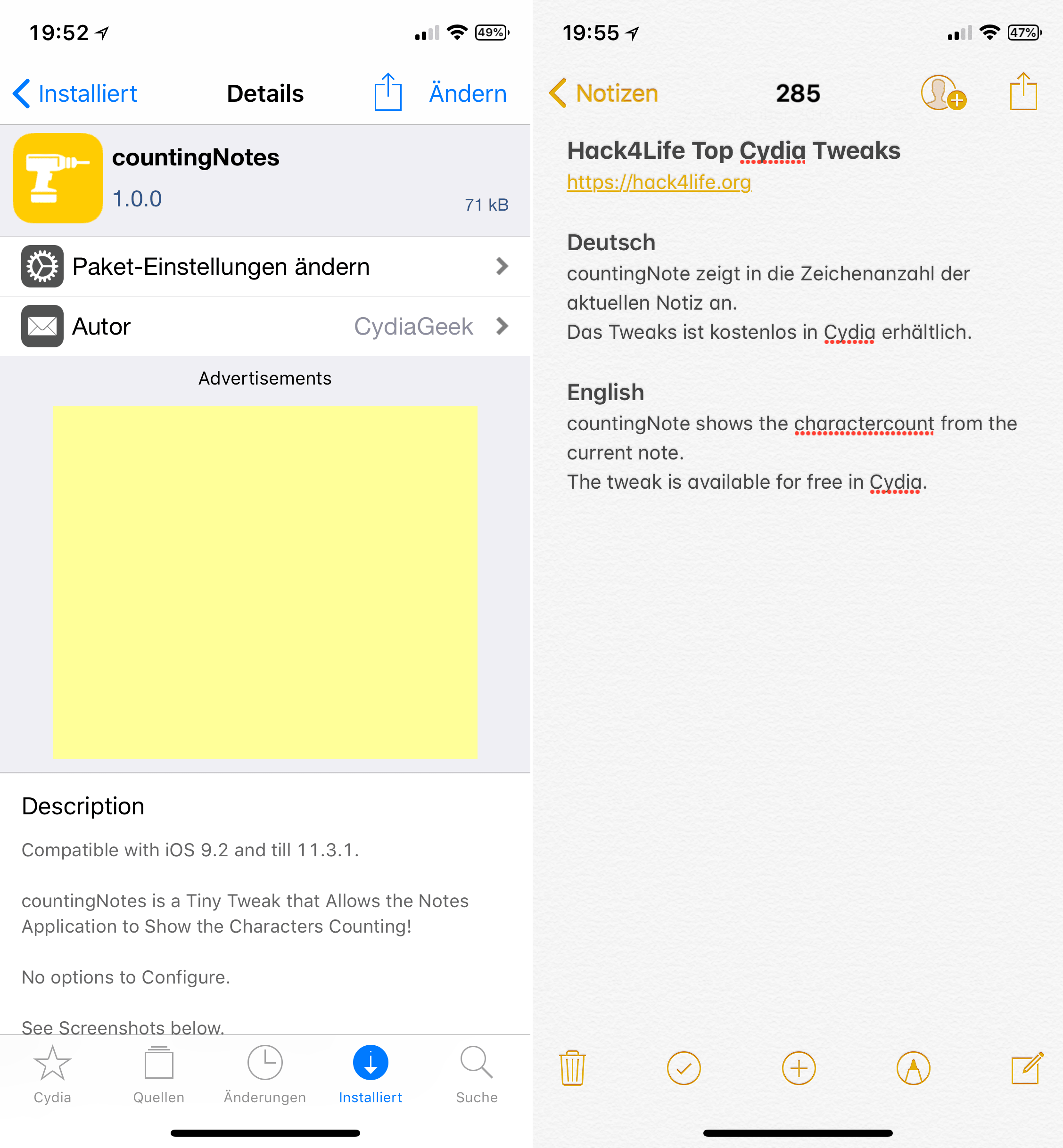 Zeichenzahl in den Notizen anzeigen, countingNotes, Top, Cydia, Tweak, Sileo, Download, gratis, kostenlos, deb, BigBoss, Repo, Hack4Life, Fabian Geissler, seriös, kompetent