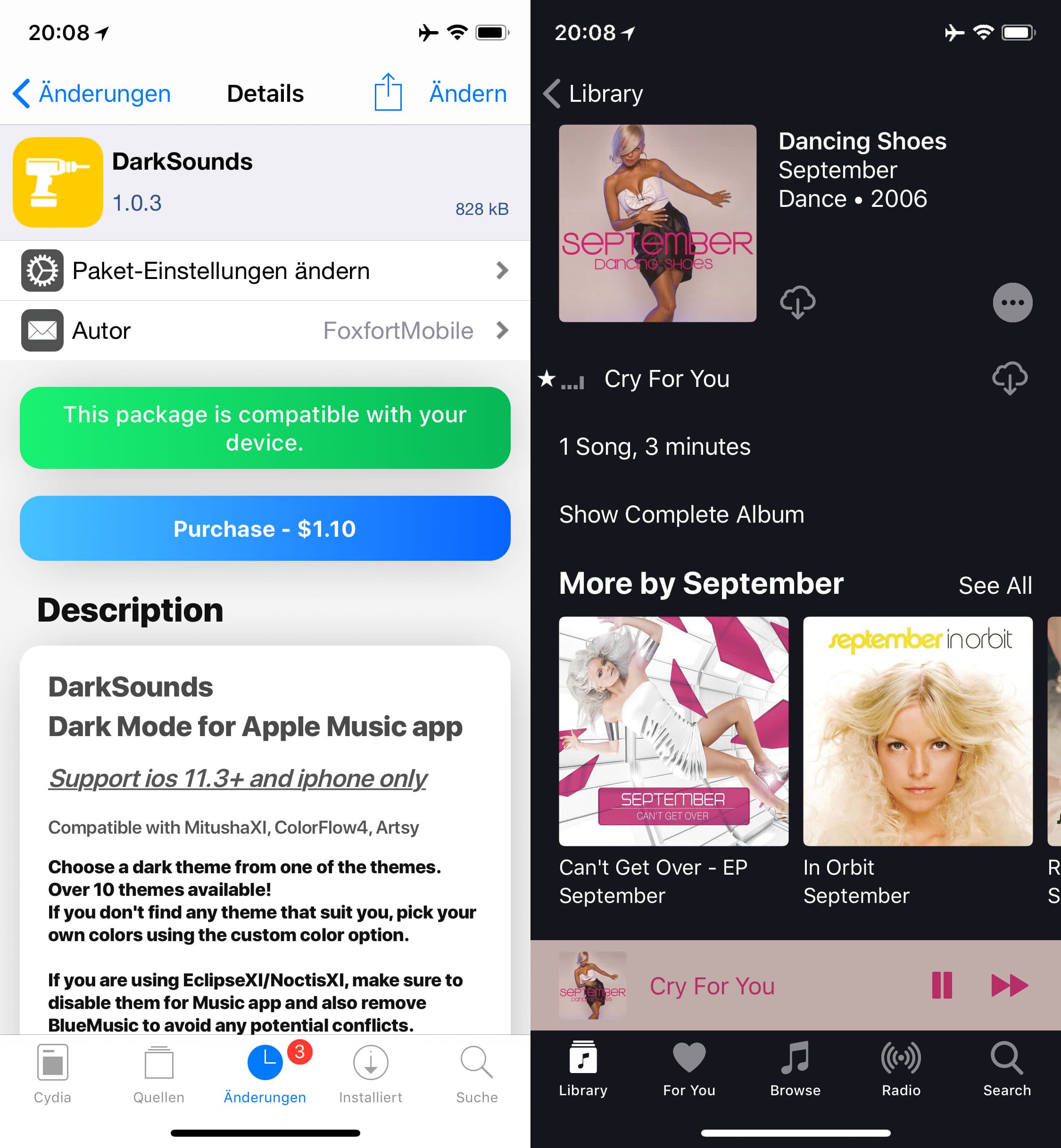 Dark mode for the music app, DarkSounds, Top, Cydia, Tweak, Sileo, iOS 11, iOS 12, Download, free, Packfix, Repo, FoxfortMobile, Hack4Life, Fabian Geissler, .deb, Review, tutorial