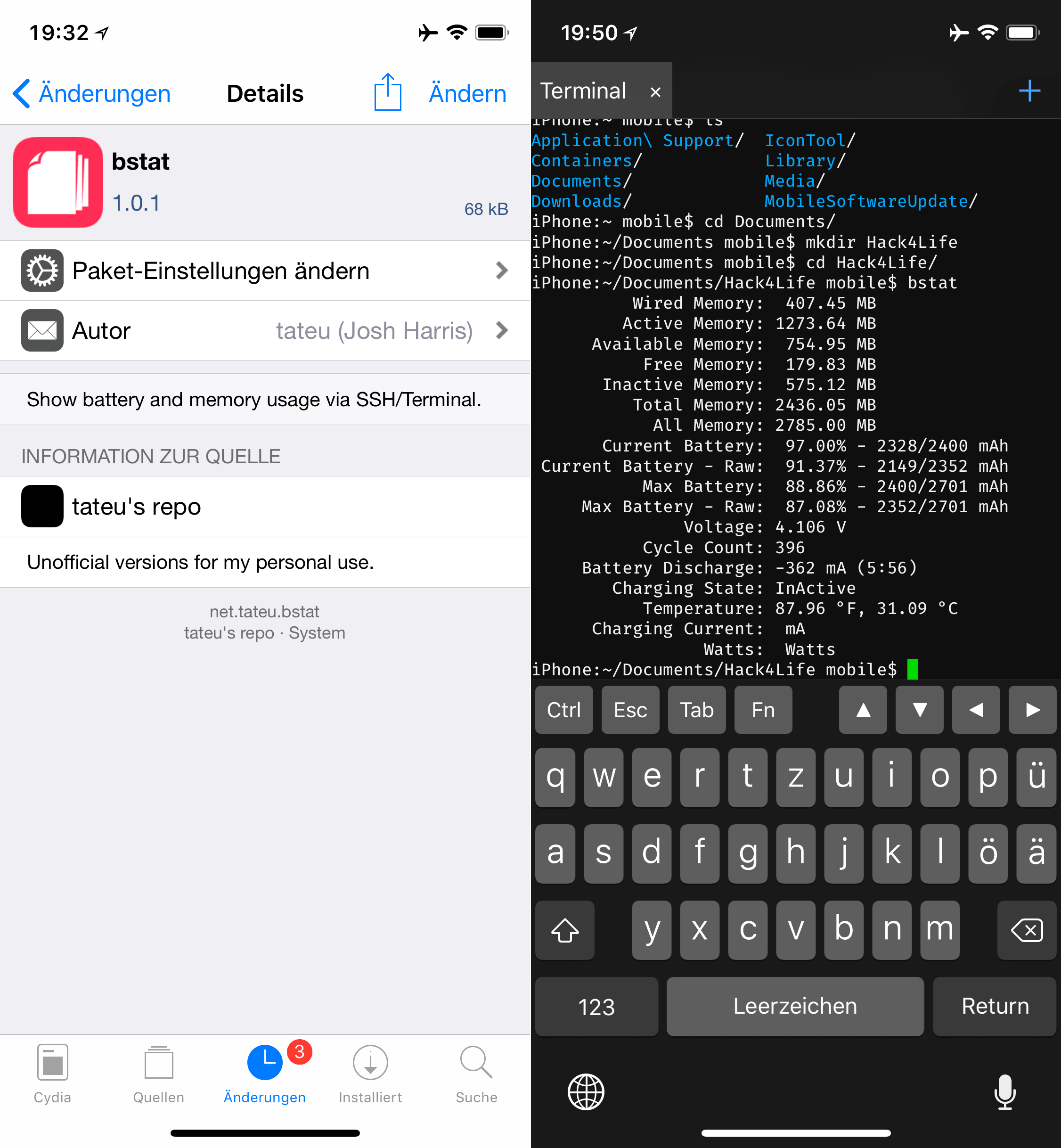 Batterie und RAM Auslastung im Terminal anzeigen, bstat, Top, Cydia, Tweak, Sileo, download, terminal, Anleitung, ssh, Hack4Life, Fabian Geissler, iOS 11, Akku Temperatur anzeigen, Ladezyklen am iPhone auslesen
