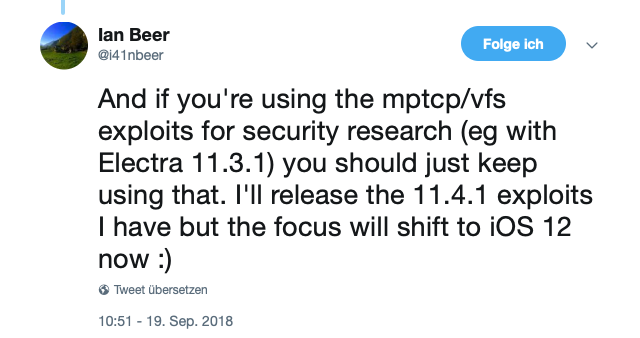 Ankündigung von Ian Beer auf Twitter, Exploits, Jailbreak, iOS 11.4, iOS 11.4.1, Information, Hack4Life, Fabian Geissler
