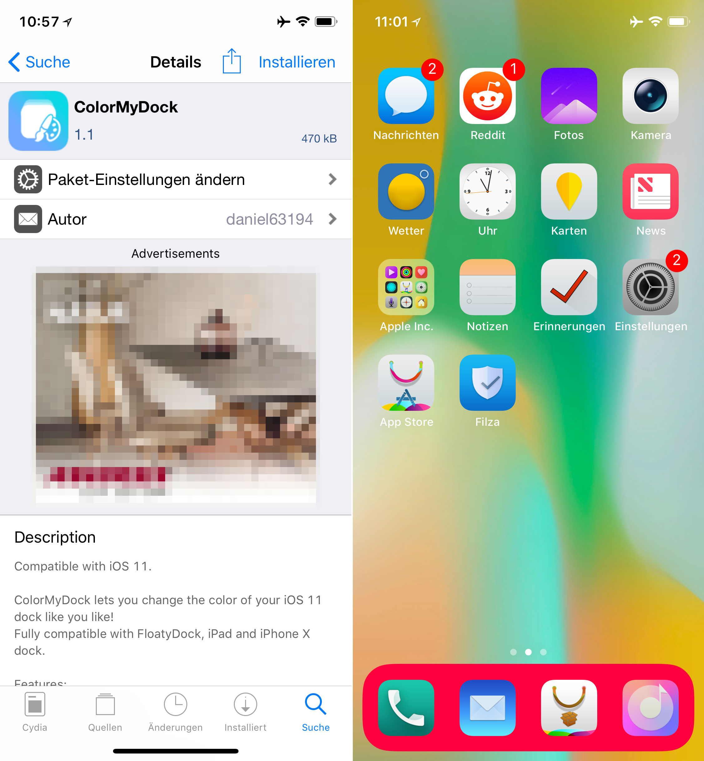 Dock einfärben, ColorMyDock, Top, Cydia, Tweaks, Sileo, Hack4Life, Fabian Geissler, .deb, Download, Dock, iOS 11, iOS 12, umfärben, gratis, Trick, Tipp, Hack