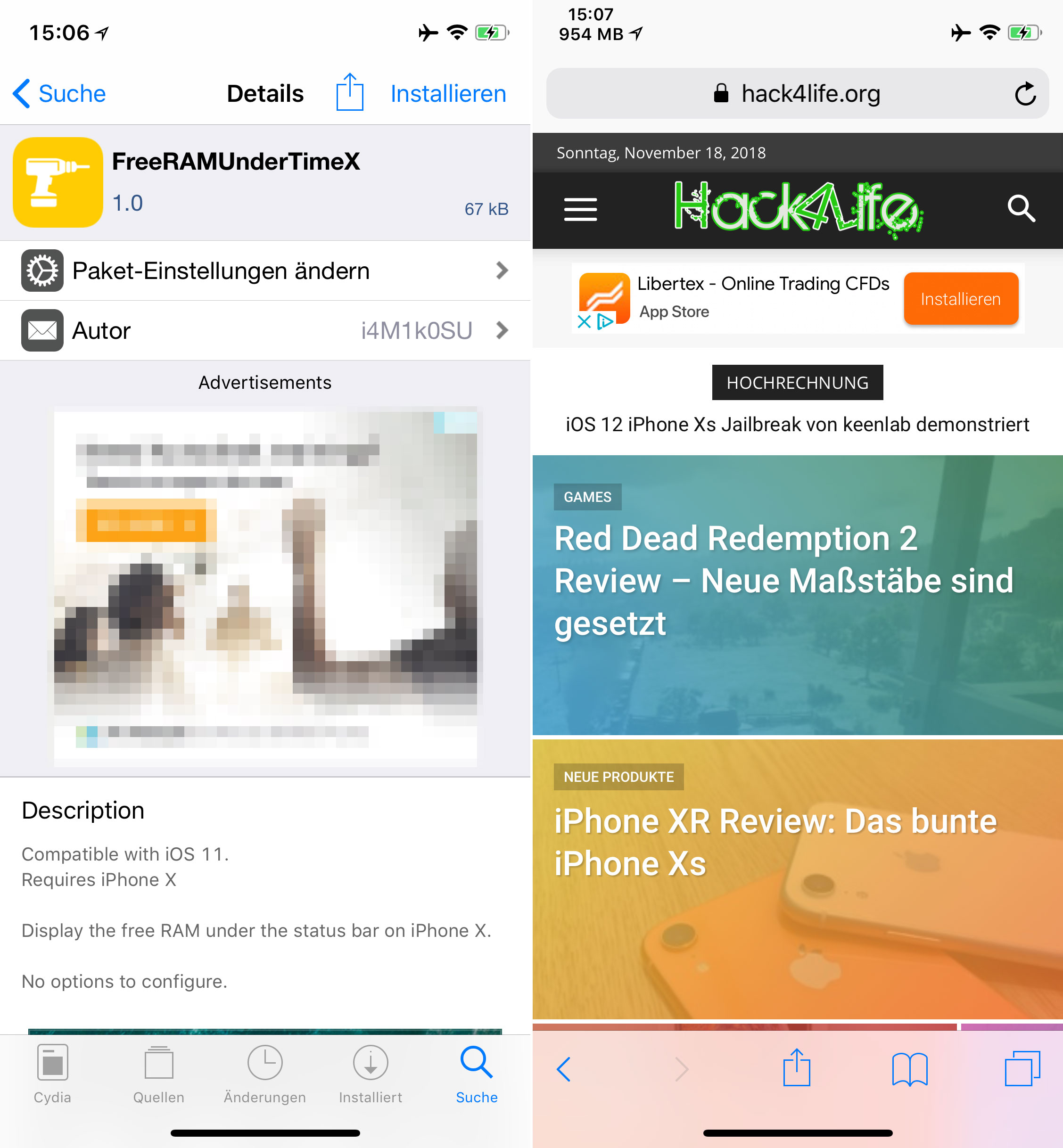 display free RAM under the time, FreeRamUnderTimeX, Top, Cydia, Tweak, Sileo, Download, free, iPhone X, Hack4Life, Fabian Geissler, show RAM usage on iphone