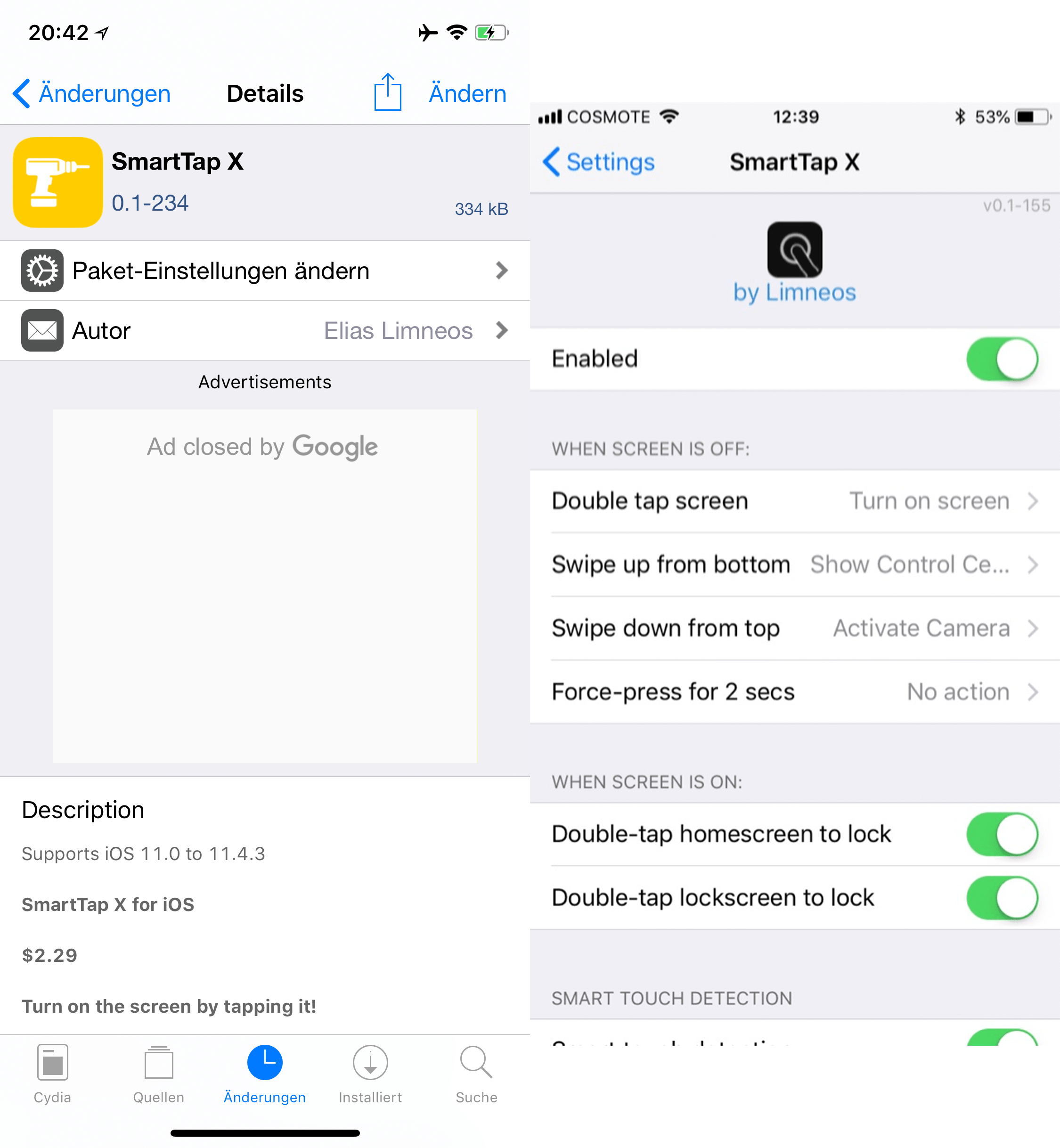 Bildschirm mit tippen aktivieren, SmartTap X, Elias Limneos, Top, Cydia, Tweak, Sileo, Download, .deb, kostenlos, gratis, free, Hack4Life, Fabian Geissler