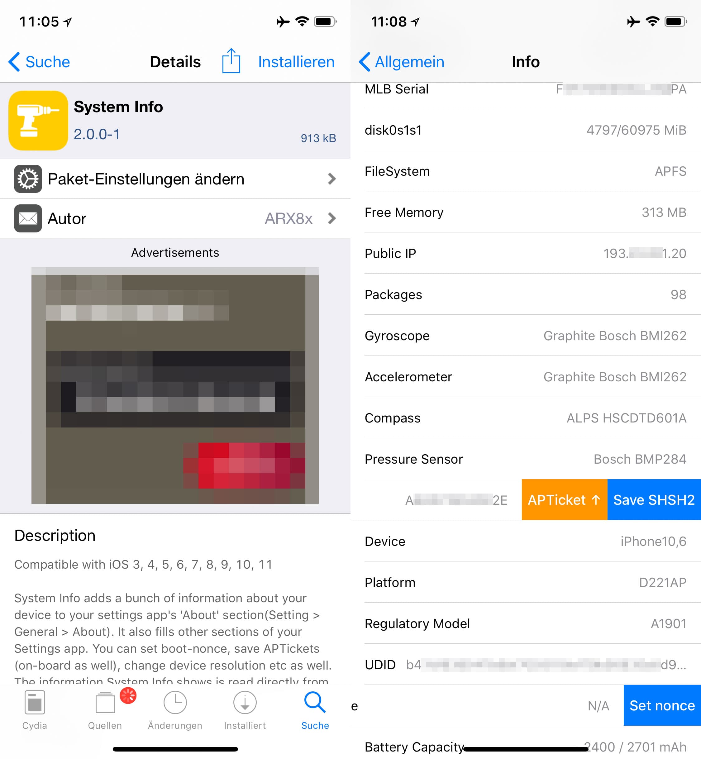 Weitere Informationen über das Gerät anzeigen, System Info, Top, Cydia, Tweak, Sileo, Download, kostenlos, gratis, free, .deb, Hack4Life, Fabian Geissler, SHSH2 blobs am iPhone sichern, APTicket, Set Nonce, Ladezyklen auslesen, UDID am iPhone anzeigen