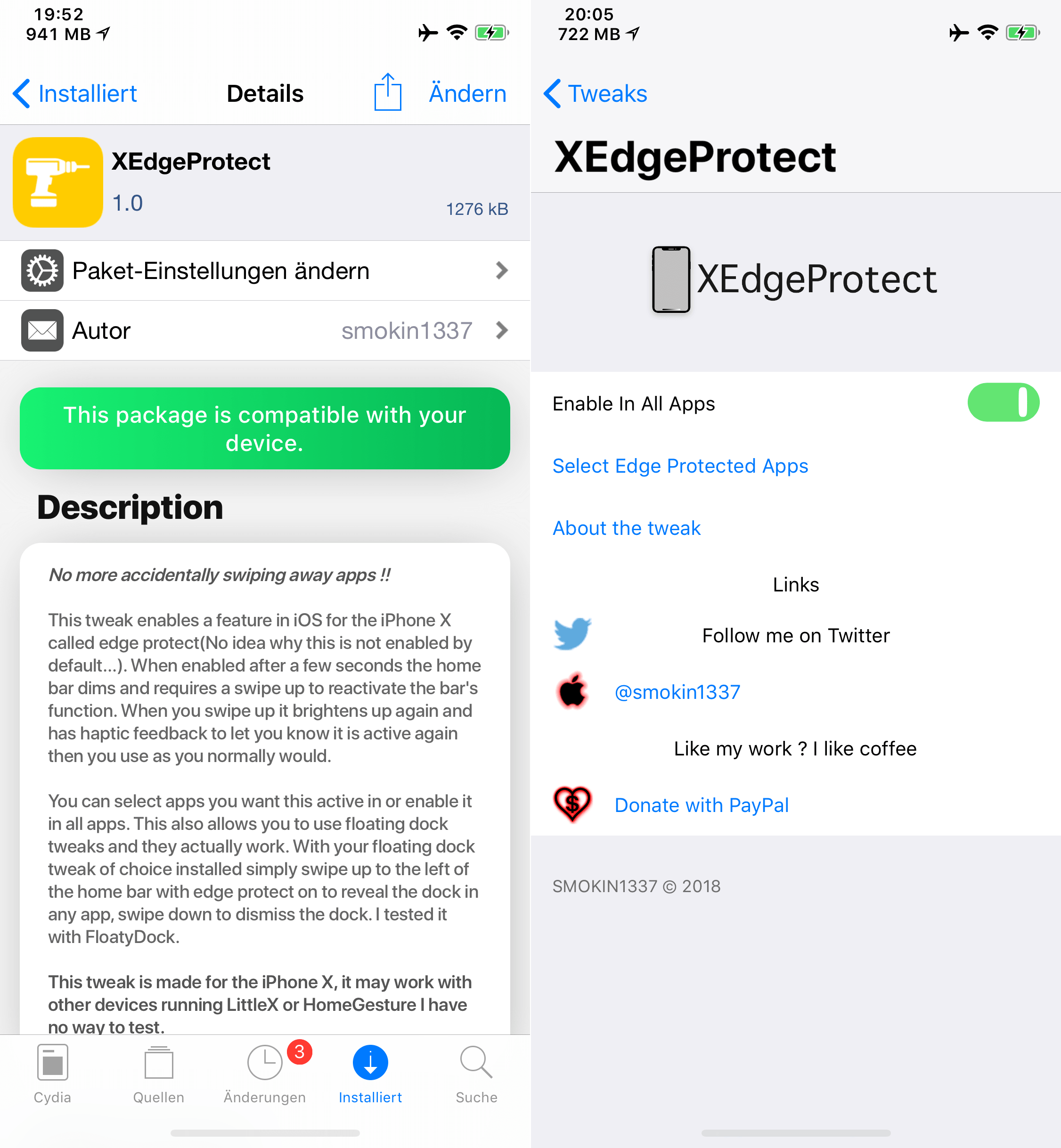 Prevent accidentally closing of apps, XEdgeProtect, Top, Cydia, Tweak, Sileo, iOS 11, iPhone X, iPhone XS, iPhone XS Max, Review, Download, .deb, Hack4Life, Fabian Geissler, free