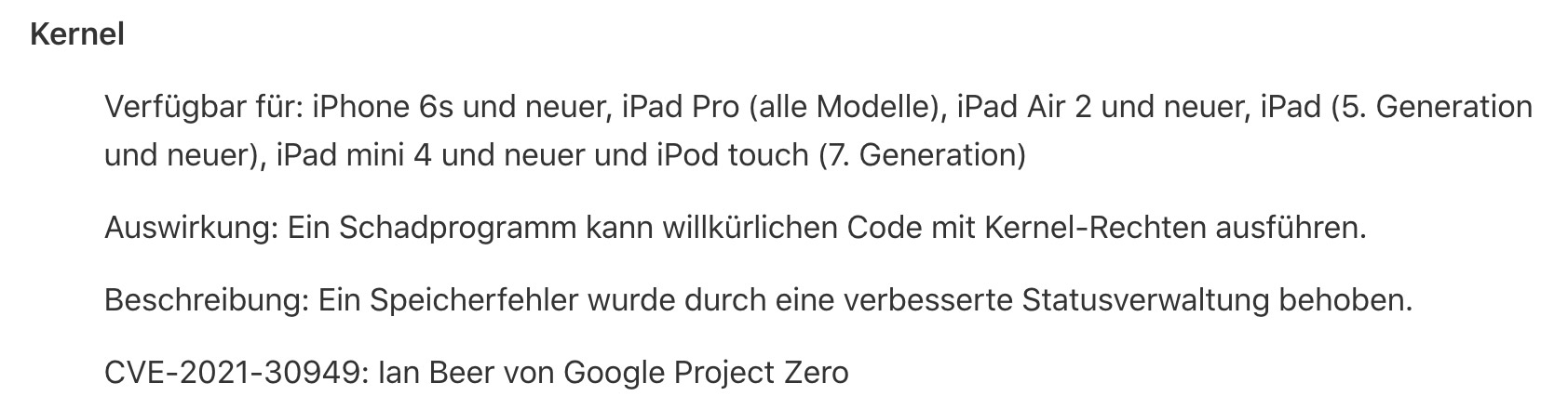 Ausschnitt aus dem iOS 15.2 Changelog vom Kernel, iOS 15.1 Jailbreak Status, Fabian Geissler, Hack4Life, Ian Beer iOS 15 Jailbreak